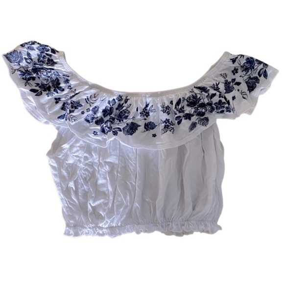 SALE GARAGE White Off-the-Shoulder crop top with Navy Embroidered Collar size XS - Picture 1 of 7